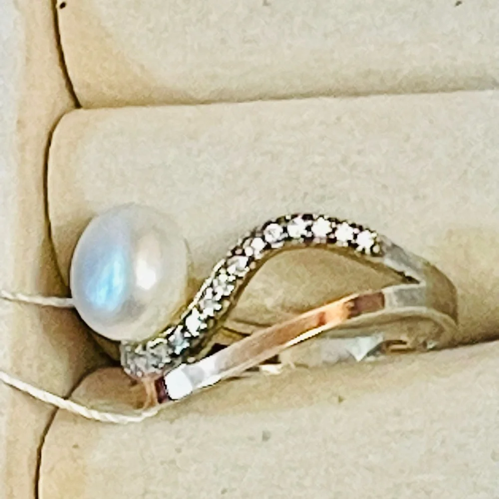 925 St.Silver Ring /375 Gold Plating, White Pearl /Cubic Zirconia Sz 18.5/8.25